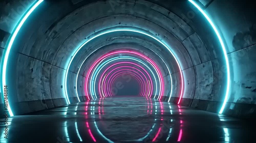 Futuristic neon tunnel with glowing arcs reflecting on wet floor, creating a vibrant, immersive atmosphere