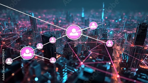 Futuristic cityscape with digital network connections among buildings, showcasing urban technology interaction