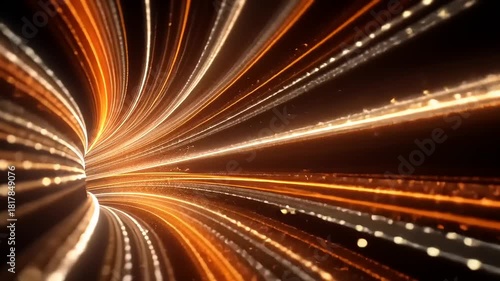 Abstract light tunnel with vibrant orange and white streaks creating a sense of motion and depth