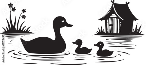 Black silhouette of ducks swimming near a hut and reeds
