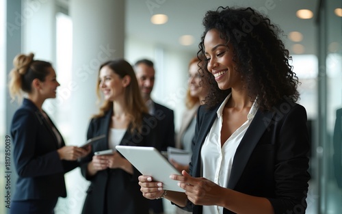 Tablet, team and black woman in office walking to business meeting doing research, online and using internet. Teamwork, leadership and group of busy female workers together in corporate workplace