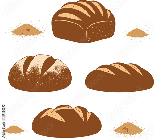 Hand-drawn bread loaf vector set with flour piles, scoring patterns, ideal for bakery branding, packaging, menu design, or food illustration