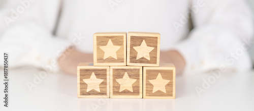 hand show Star block. Customer choose rating for user reviews. Service rating, ranking, customer review, satisfaction, evaluation and feedback concept