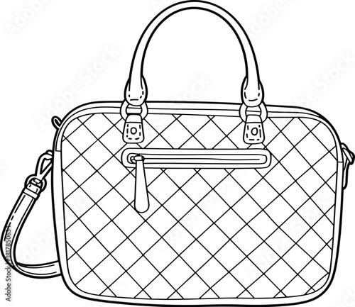 Quilted handbag fashion flat sketch with top handles and strap, detailed vector purse template, zipper pocket accessory technical drawing