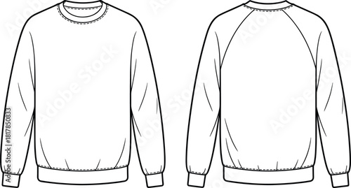 Raglan sleeve sweatshirt flat sketch, vector fashion template showing front and back views with cuffs hem details for apparel design