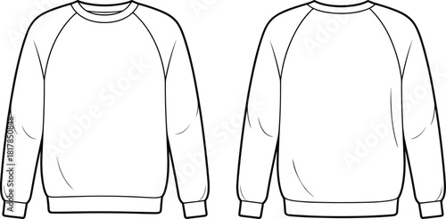 Raglan sleeve sweatshirt front and back flat sketch, clean fashion CAD template, apparel design vector illustration for garment production mockup
