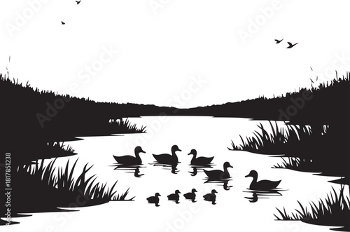Black silhouette of ducks swimming on water with reeds and birds