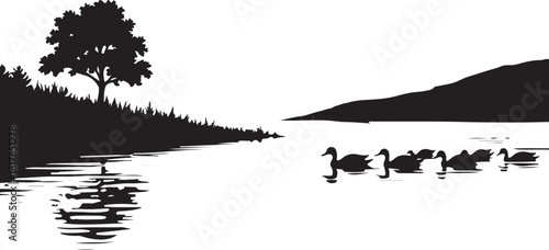 Black silhouette of ducks swimming on water with tree and hill