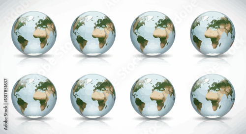 Multiple globes showing Europe and Africa, arranged in two rows on a white background.
