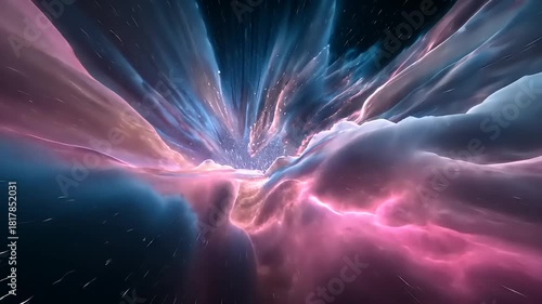 A vibrant cosmic scene depicting a swirling nebula with stars and colorful gases in deep space