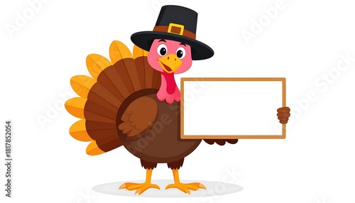 Thanksgiving turkey cartoon character holding a blank sign.