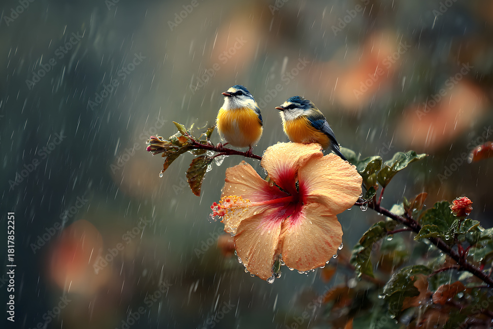 Obraz premium two birds sitting on a branch in the rain