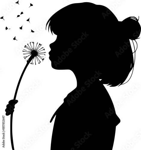 Girl blowing dandelion silhouette design representing freedom, hope, and dream concept