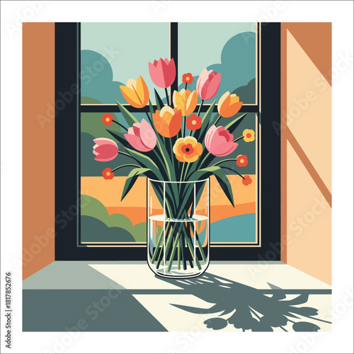 Tulip Bouquet in a Glass Vase by the Window tulips flowers