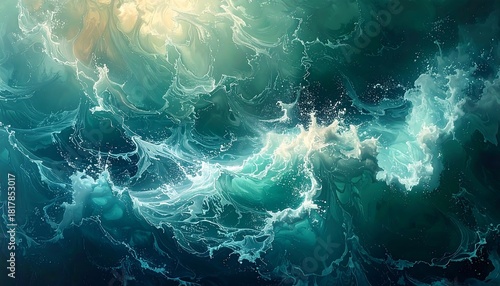 Aerial view of churning ocean water, swirling colors and foam
