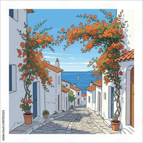 Picturesque Mediterranean Village Street with Blooming Flowers cobblestone white houses