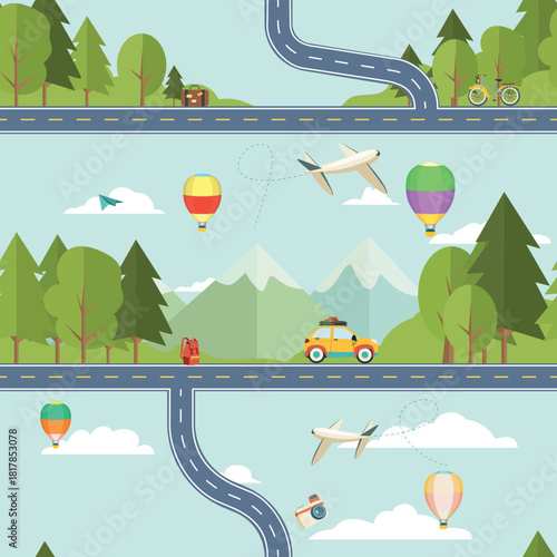 Vertical seamless pattern of transportation landscape. Various modes of travel and nature layers. Stylized green forests and mountains. Winding roads across the scene where small cars and bicycles.