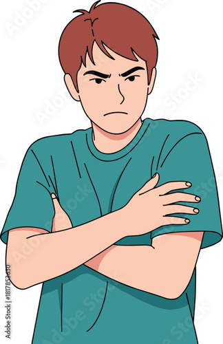 Angry boy illustration with crossed arms, frustrated expression, upset teenager character, emotional reaction clipart, isolated cartoon figure for education and design