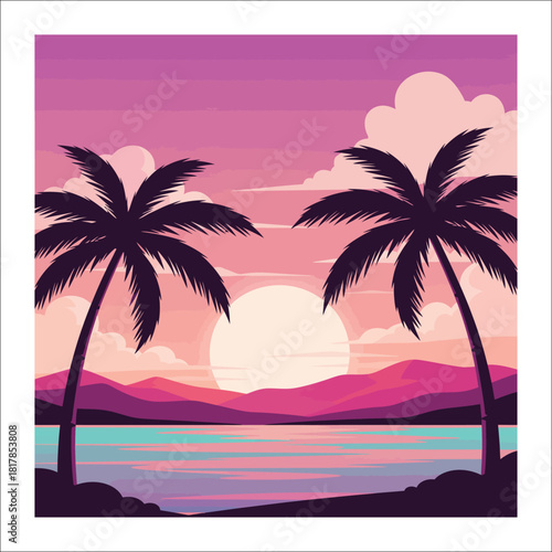 Tropical sunset with silhouette palm trees over a calm ocean vector illustration