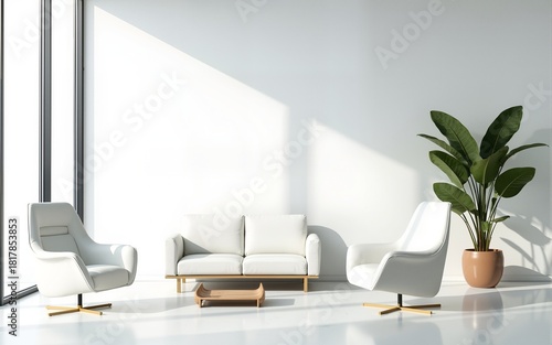 Contemporary office lounge with white sofa and chairs, minimalist style, large glass windows, indoor plant on clean background, concept of architecture. Ai generative. High quality