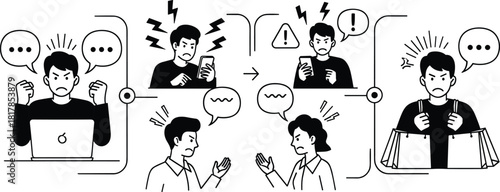 Angry customer communication problem concept showing frustrated people using laptop and smartphone, expressing stress, conflict, misunderstanding, warning signs, complaint issues