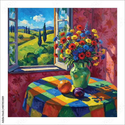 Still life of flowers and fruit on a checkered tablecloth by an open window vase