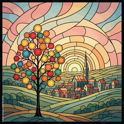 Stained glass style illustration of a village with a tree at sunset vector