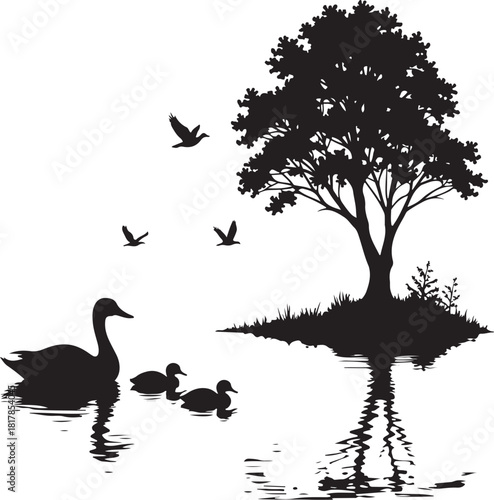Black silhouette of swan and ducklings on water with tree and birds