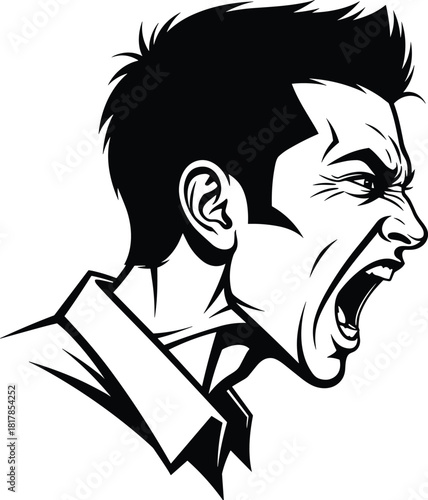 Angry shouting man illustration in bold black and white style, expressive male face yelling in rage, emotional outburst vector artwork