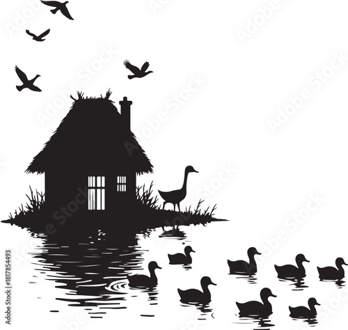 Black silhouette of thatched cottage with ducks and birds