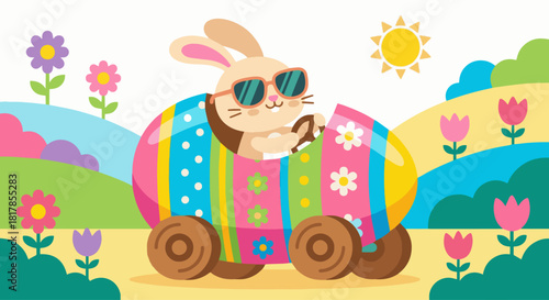 Bunny Driving an Egg Car
Flat vector bunny riding in a decorated Easter egg car with wheels, bright fun colors, simple shapes, playful kids' illustration.