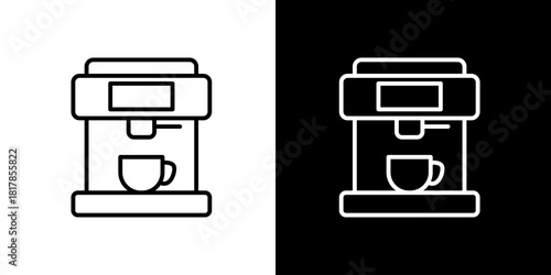 Modern Coffee Maker with Cup Icon on Black and White Backgrounds