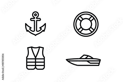 Nautical icons anchor life preserver vest speedboat life vest