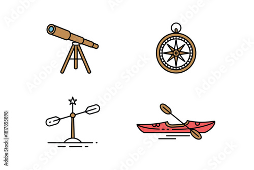 Nautical exploration and adventure icons telescope tripod