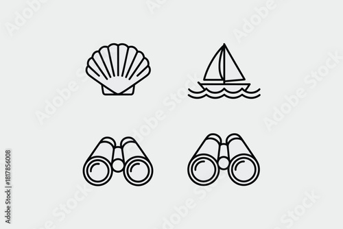 Nautical icons seashell sailboat binoculars ocean