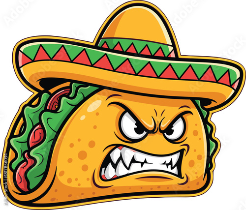 Angry taco mascot illustration with sombrero, fierce expression, Mexican food character design, cartoon taco logo, spicy amusing food artwork