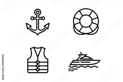 Nautical icons boat life vest anchor and ring life ring
