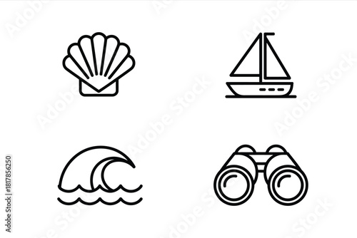 Nautical Icons Seashell Sailboat Wave Binoculars vector