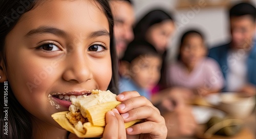 Girl enjoys hot tamale, tasty tamale brings joy, fresh tamale feeds soul