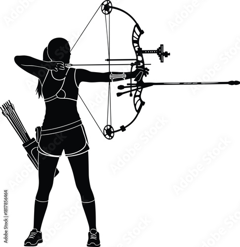 Archery woman silhouette, compound bow shooter illustration, target practice pose, athlete archer drawing, sports accuracy concept, outdoor archery training artwork