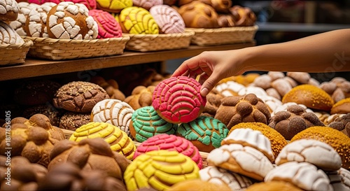 Hand picks pink concha, sweet concha tastes good, fresh concha delights