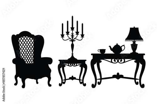 Ornate furniture silhouettes with candelabra and tea set black silhouette ornate chair