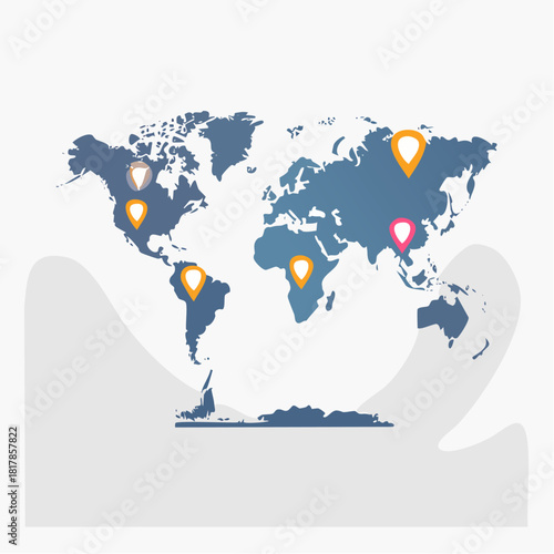 World map with location pins indicating different places.