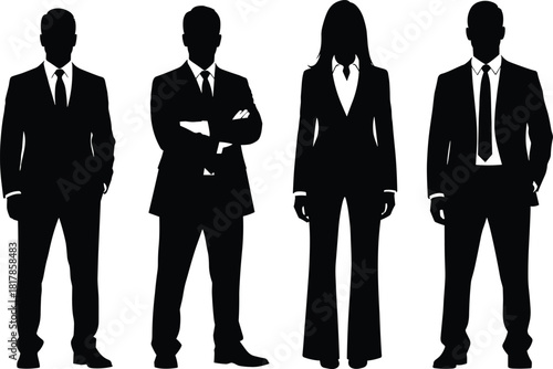Business professional silhouettes, corporate team figures, formal office attire icons, male and female executives standing, leadership and workforce illustration