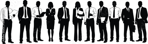 Business team silhouettes standing together in professional attire, corporate group illustration, teamwork concept, unified workforce lineup, leadership and collaboration