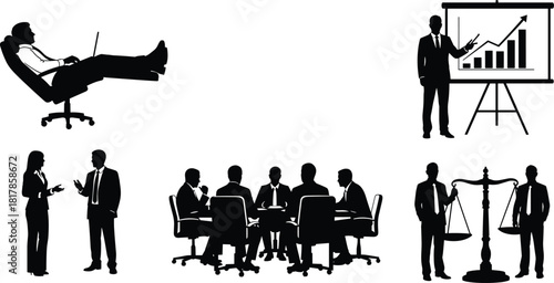 Business teamwork silhouettes, corporate meeting icons, leadership presentation, justice balance concept, office collaboration, productivity strategy, professional communication and workflow scenes