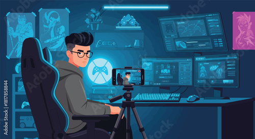 Young man playing video games on a computer and streaming live