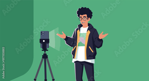 Young content creator filming a video blog on a smartphone in front of a green screen for social media broadcasting