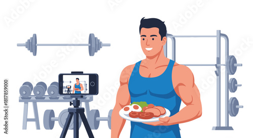 A muscular fitness influencer records a video blog about healthy eating and sports nutrition inside a gym