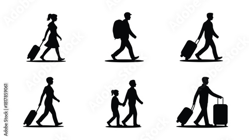 People traveling with luggage and backpacks suitcase walking